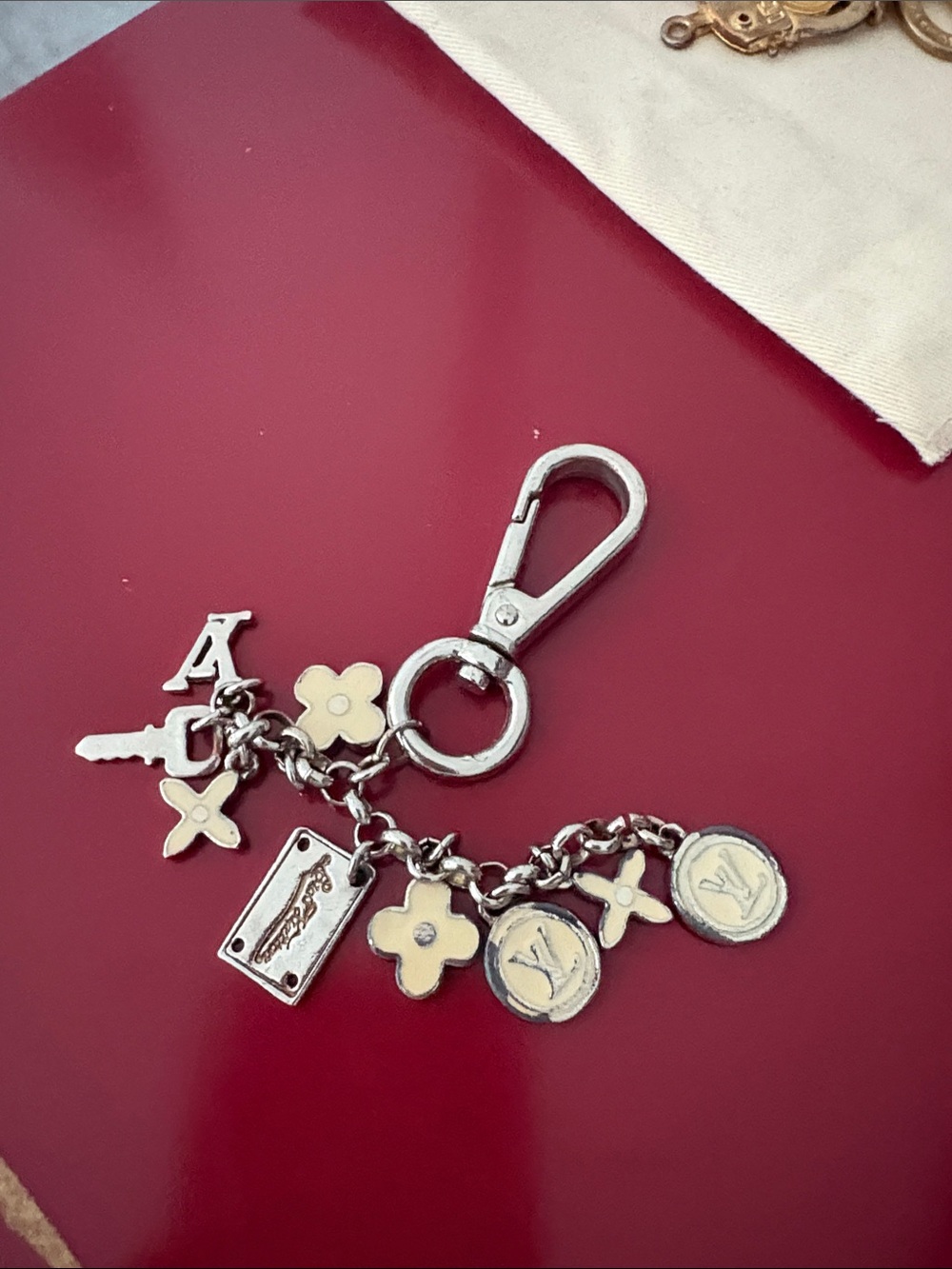 LV Silver & Cream Logo Flower Charm Key Clip Bag Charm